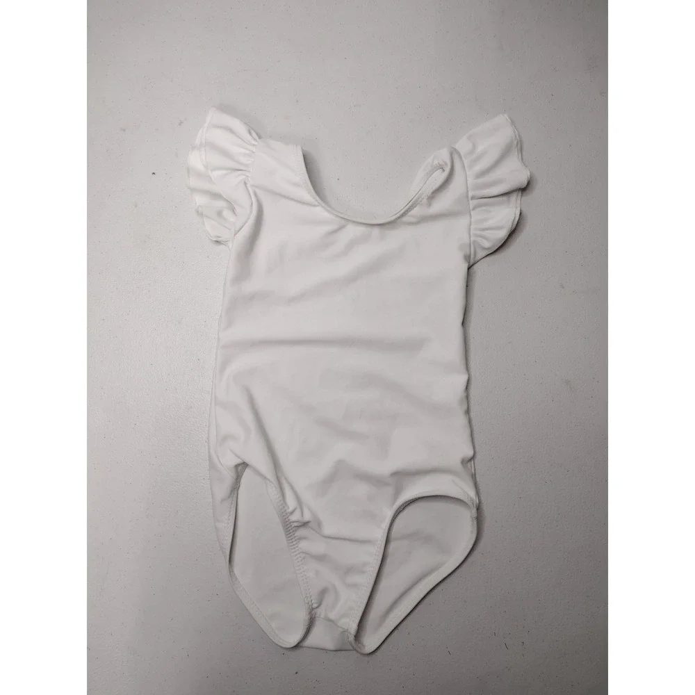 Girls White Flutter Sleeve Ballet Dance Leotard Gymnastics Bodysuit XS